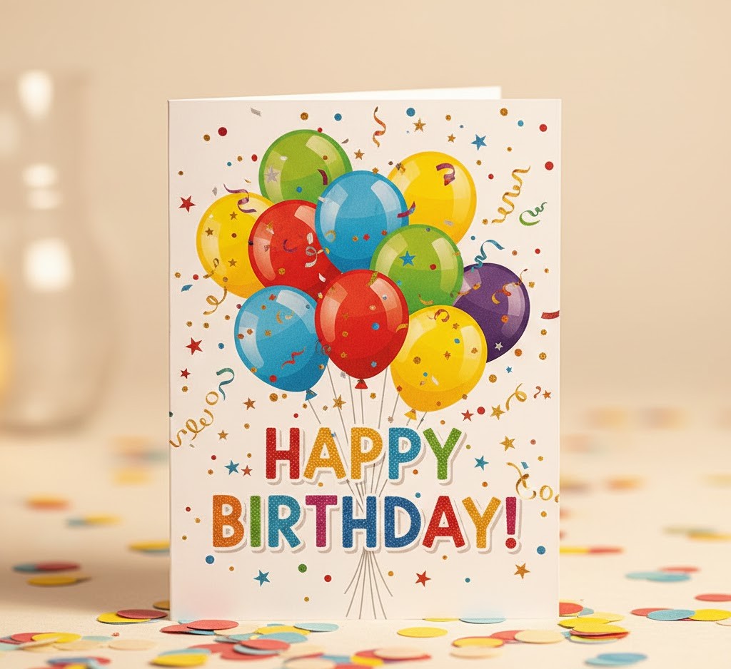 Colorful birthday card with balloons and confetti design