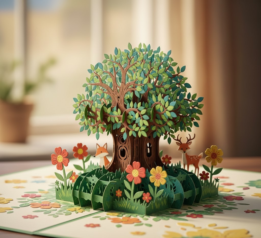 Pop-up greeting card with three-dimensional elements