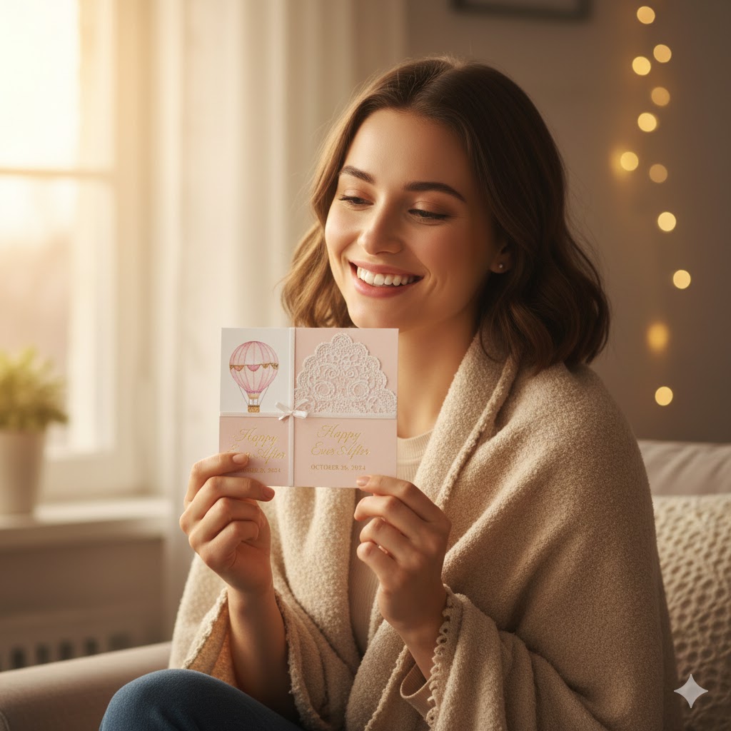 Happy customer with custom greeting card