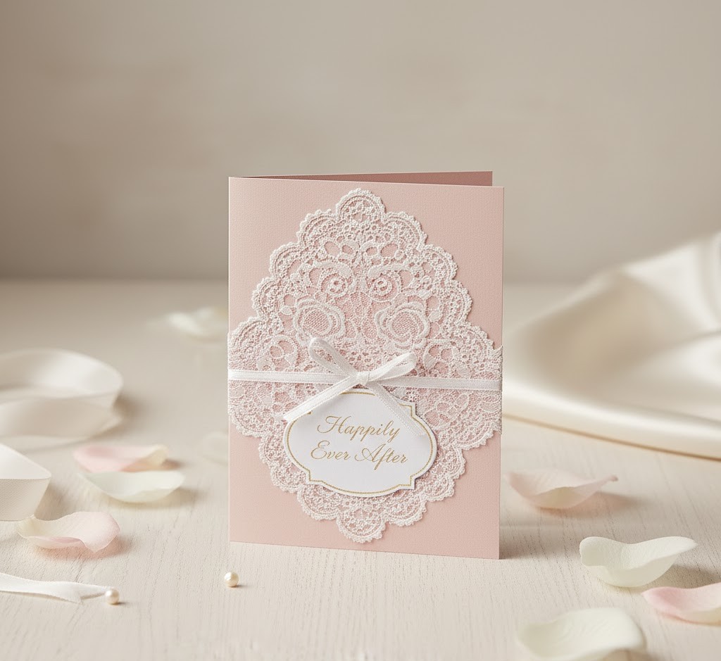 Romantic wedding card with floral and lace details